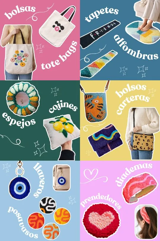 Colla con 9 piezas bordadas con aguja magica. Tote bag, tapete, espejo, cojin, carteras, llavero, diadema , prendedor y posavasos