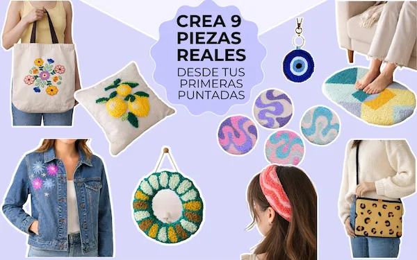 Collage de 9 piezas bordadas en el curso: totebag, chaqueta de jean, cojin, espejo, vincha, posavasos, llavero, alfombra y cartera.